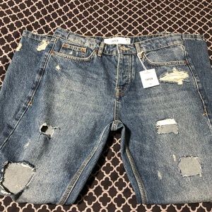 TOPMAN Mens Denim Blue Taper Distressed Jeans Sz 30 X 32 Button Fly